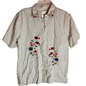 Bobbie Brooks Womens Flax Beige Floral Embroidered Cotton Button Down Shirt M